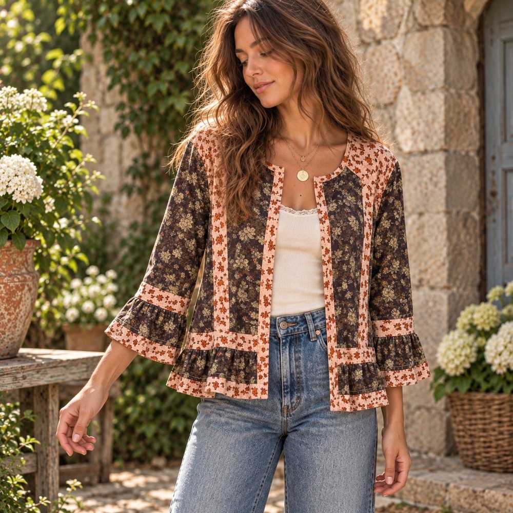 Logo Floral Lightweight Jacket Sz L Ruffle Bell Sleeves Boho Cottage Country